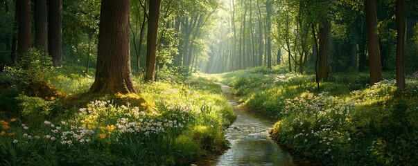 Fototapeta premium Idyllic forest clearing in spring, gentle sunlight filtering through trees onto flowering plants near a tranquil stream