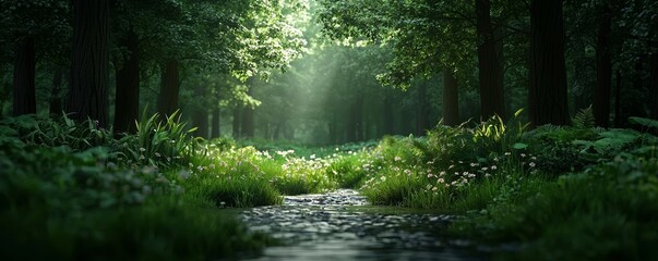 Obraz premium Lush forest landscape in vibrant green tones, illuminated wildflowers by the stream, capturing the essence of unspoiled nature