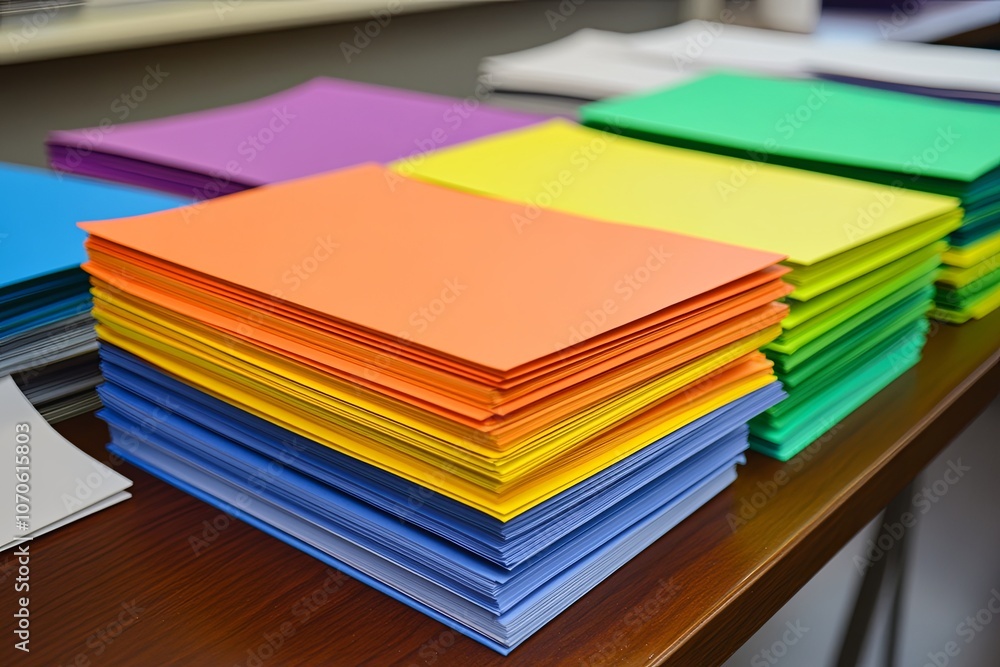 Poster vibrant stacks of colored paper in various shades organized on a table at a crafting workshop in a b