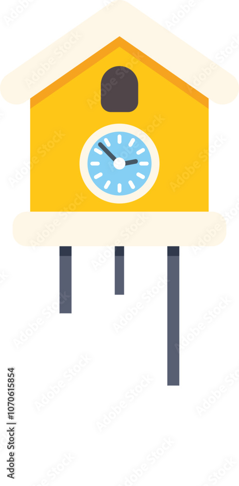 Poster yellow cuckoo clock with three hanging weights, marking the passage of time in a simple and elegant 