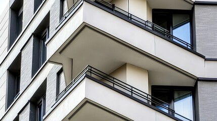 An urban high-rise with geometric balconies of contemporary design with a modern architectural detail