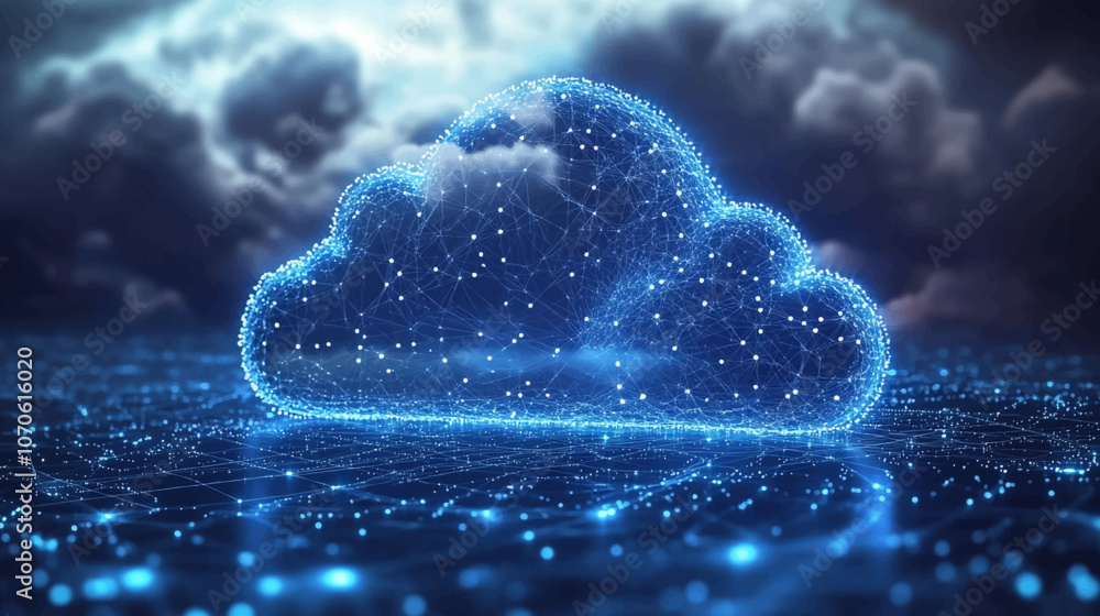 Poster realistic 3d rendering of cloud hologram in technology with network connection, blue digital data, a