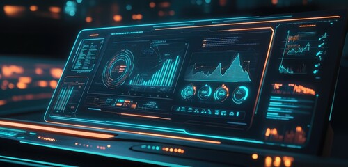 A digital interface displaying real-time data visualizations and holographic graphs, highlighting the blend of creativity and analytics in tech fields.