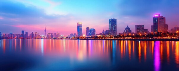Fototapeta premium Explore the stunning skyline reflections of a vibrant urban city at twilight