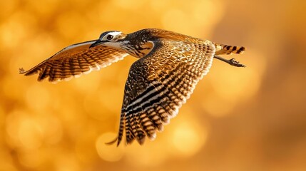 Fototapeta premium Bustard bird flying through golden landscape, intricate wing patterns with earthy tones, dynamic wildlife photography