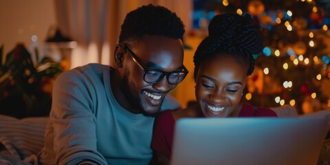 Obraz premium Couple enjoying discounts online while using a laptop, sharing moments on social networks, and exploring information together