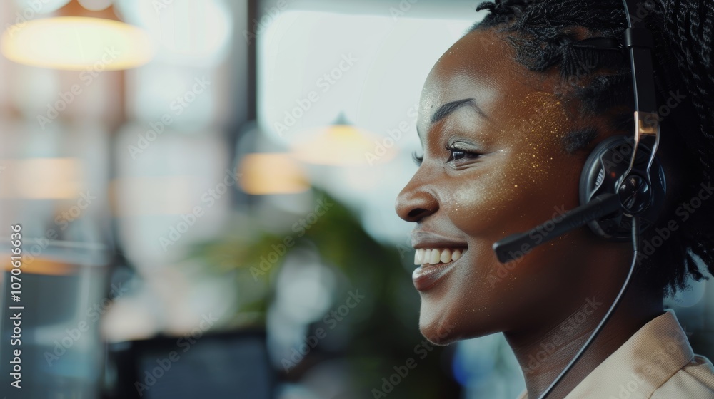 Poster support center interaction featuring a woman engaging in networking and customer service, providing 