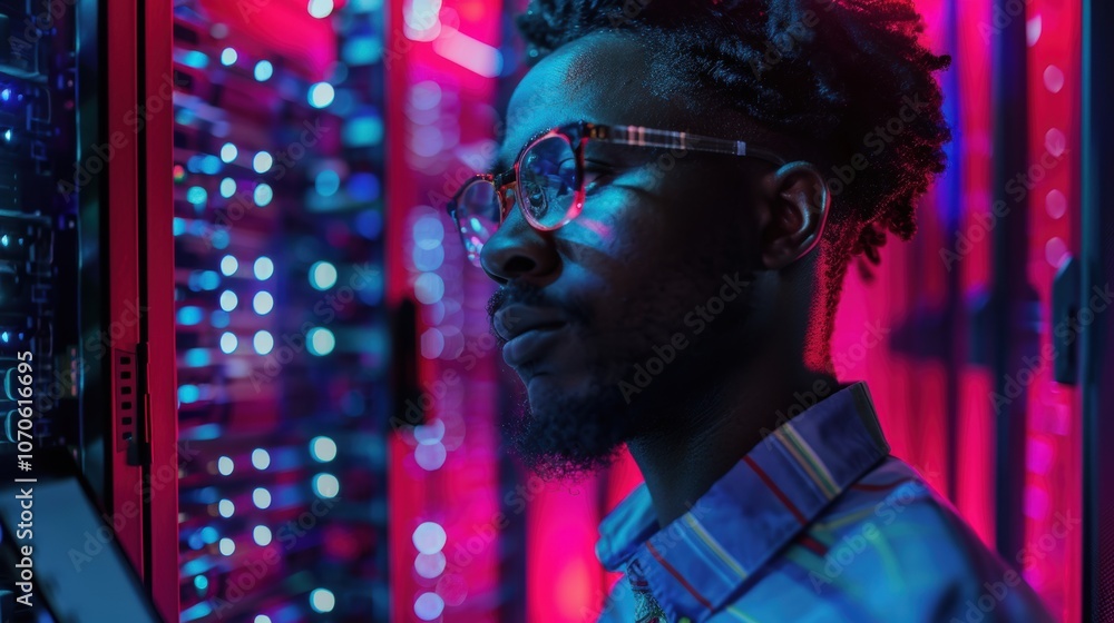 Poster man of color using a smartphone in a dimly lit server room for data research, communication, or typi
