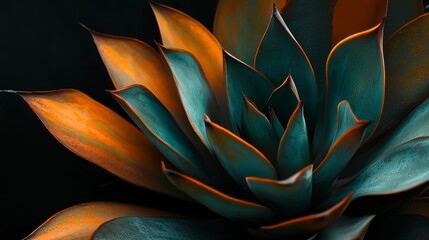 Flowing abstract macro photography of orange and teal leaf patterns