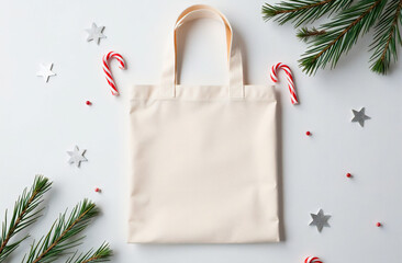 A cream tote bag mockup surrounded by festive decor on a light christmas background 