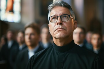 Obraz premium Close-up portrait of an elderly priest in a place of worship, dressed in a clerical collar, reflecting a theme of spirituality