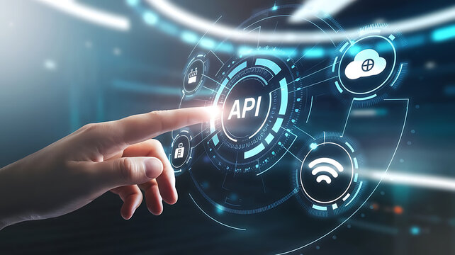 API interface, Application programming interface, Businessmen Interacting with a Futuristic API Interface, business technology, API integration