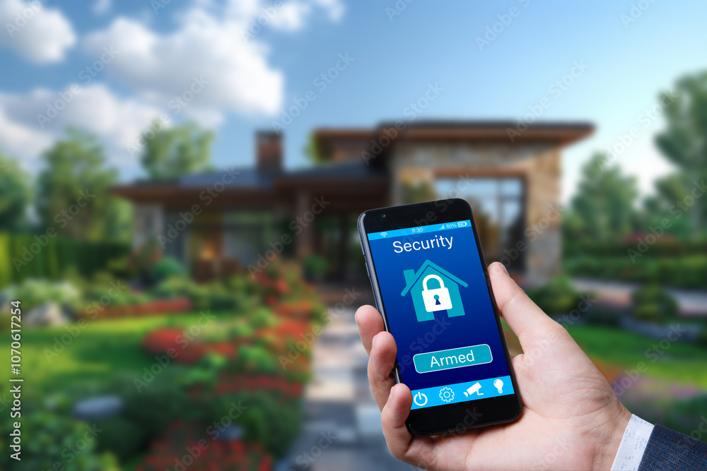 Poster smart home security app displayed on a smartphone, banner design with space for text.