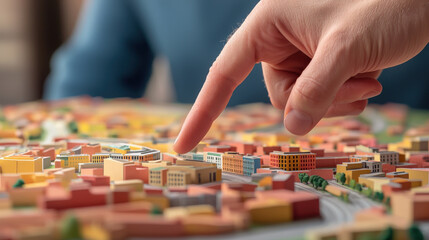 Fototapeta premium close up of hand pointing at detailed city model, showcasing urban planning and architecture. vibrant colors and intricate design highlight layout of buildings and streets