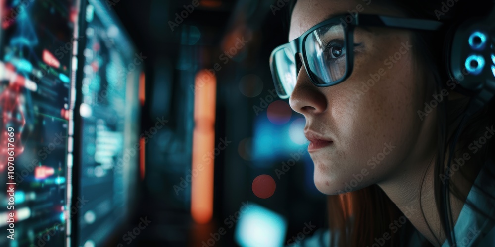Poster woman coding in a server room, depicting cybercrime and ransomware in a dark environment. features h