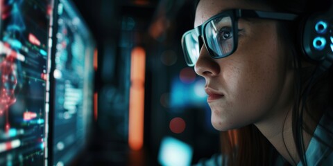 Woman coding in a server room, depicting cybercrime and ransomware in a dark environment. Features hacking, technology, and the work of a criminal programmer