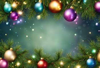 Obraz premium A seamless decorative Christmas border features coniferous branches adorned with garlands of Christmas lights, ornaments, cosmetics, and festival perfume elements