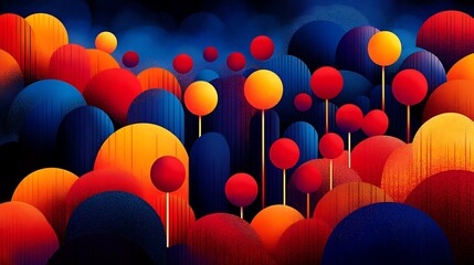 Abstract landscape with red, blue, and yellow circular shapes on hills.