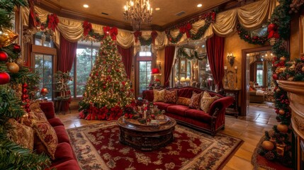Fototapeta premium A Luxurious Living Room Decorated for Christmas