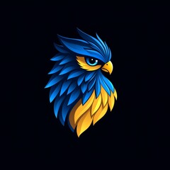 Obraz premium Stylized owl head with vibrant blue and yellow feathers, symbolizing wisdom, strength, and mystery. A modern, bold design against a dark background, showcasing sharp details and elegance.