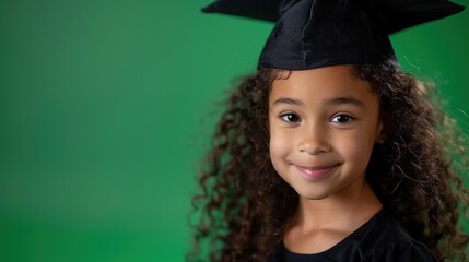 Education celebration with a smiling child in a green setting for a graduation event. Portrait of a...