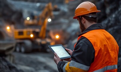 Obraz premium Construction Worker Analyzing Data on Tablet at Night in Industrial Setting with Machinery