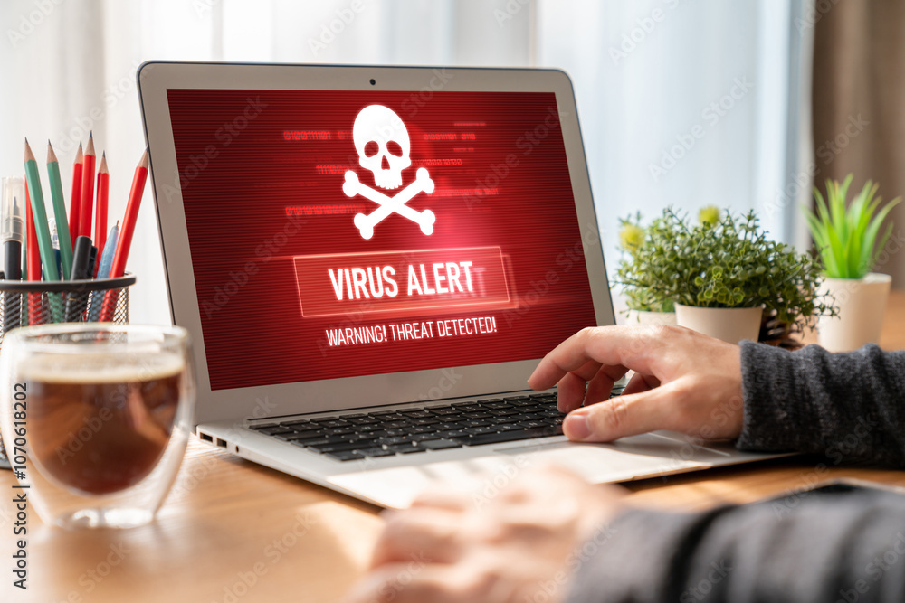 Poster virus warning alert on computer screen detected modish cyber threat , hacker, computer virus and mal
