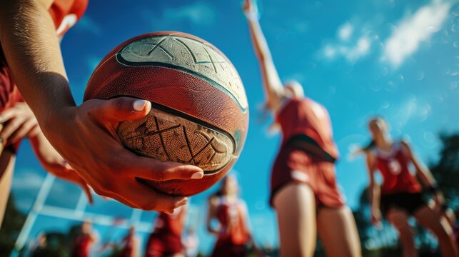 Womens netball team engages in defense, offense, and passing during community competitions and practice sessions, focusing on teamwork and athletic training on the court