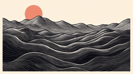 Abstract Line Art Rolling Hills Sunset Landscape