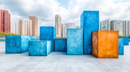 Abstract Blue Orange Cubes Urban Cityscape Background