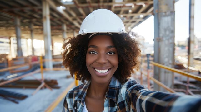 Portrait of a cheerful female worker in a hardhat, representing the construction and project management field, showcasing her role in engineering and design