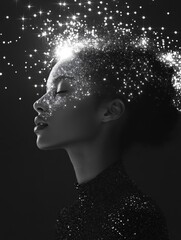 Black-and-white profile of a woman with a shimmering cosmic effect, stars merging into her hair, symbolizing enlightenment, cosmic beauty, and the universe within. A surreal and poetic visual.