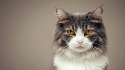 Obraz premium Angry gray and white long haired cat with striking yellow eyes, staring intensely. This feline exudes strong personality and captivating presence