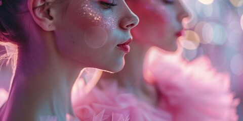 Female ballet dancers performing in a classical theater setting, showcasing teamwork and creativity during a dance recital or competition with abstract movements