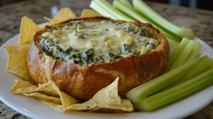 Creamy Spinach Dip in Bread Bowl with Chips and Celery