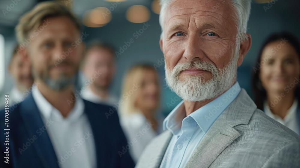 Poster portrait of a senior businessman collaborating with a diverse team in an office setting, focused on 