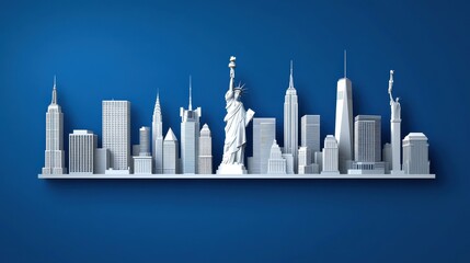 Obraz premium Abstract city skyline, thin white lines on deep blue