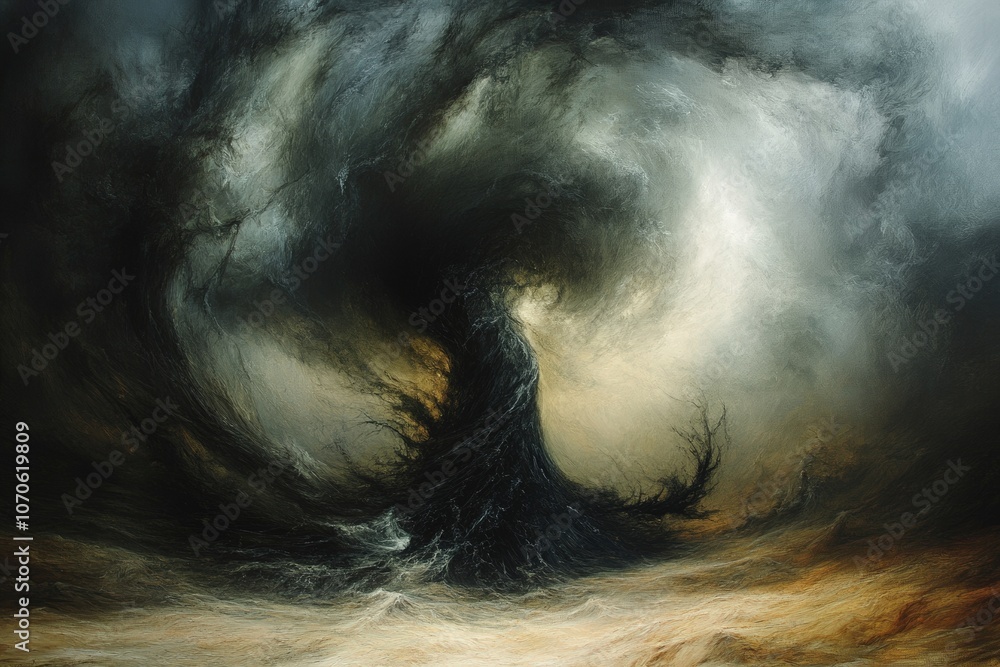 Poster abstract representation of chaos and emotion, swirling dark forms against a light backdrop.