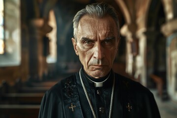 Fototapeta premium Senior religious leader in clerical attire with a serious expression. Represents faith and spirituality