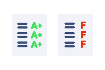Set of A plus and F grade paper form icon. Excellent and failed score result. Performance, achievement, evaluation concepts. Flat vector design isolated illustration.