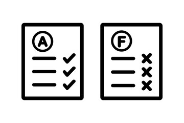 Set of A and F grade paper form icon. Excellent and failed score result. Performance, achievement, evaluation concepts. Outlined vector design isolated illustration.