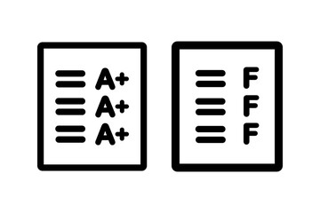 Set of A plus and F grade paper form icon. Excellent and failed score result. Performance, achievement, evaluation concepts. Outlined vector design isolated illustration.