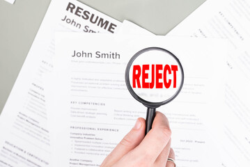 Fake mock CV (curriculum vitae) for John Smith, rejected by HR as not the right candidate. Concept of job search, hiring mismatch, recruitment process, and rejection. 