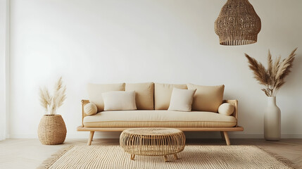 Relaxed Minimalist Boho Chic Living Room with Tan Sofa, Rattan Coffee Table, Organic Textures, and Lush Plants for a Nature-Inspired Ambiance