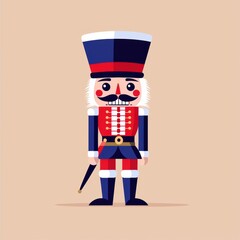 Classic nutcracker soldier in traditional red and blue uniform, neutral beige background, festive holiday decoration concept