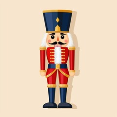 Classic nutcracker soldier in traditional red and blue uniform, neutral beige background, festive holiday decoration concept