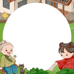 Frame of a grandmother and grandchild relaxing in a rural Chinese home.