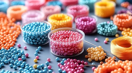 Colorful beads and thread for jewelry making on a gray surface.