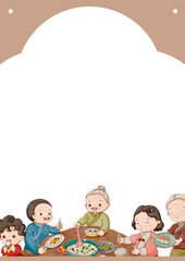 Frame of a Chinese family sharing a meal together.