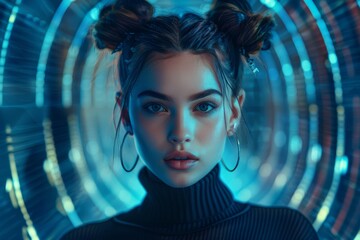 Futuristic portrait of a woman featuring holograms and AI, representing digital connection and technological innovation in a sci-fi universe